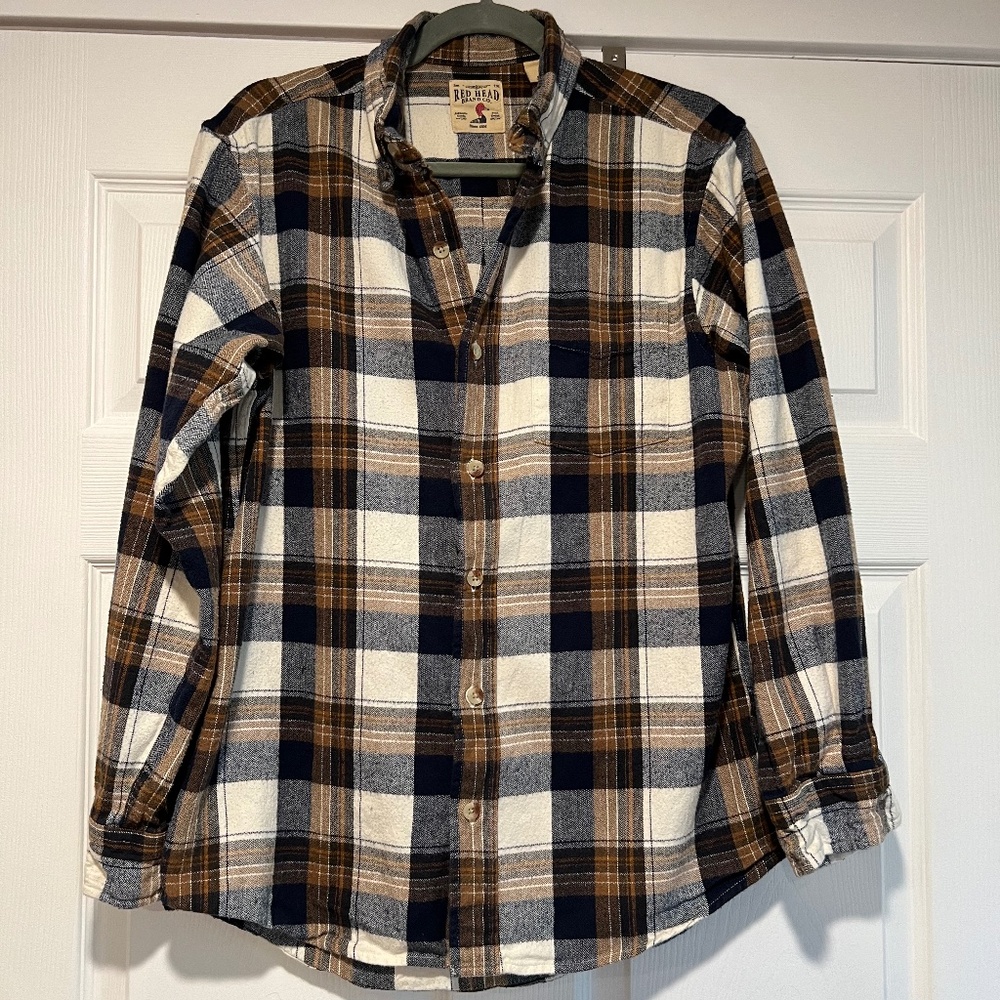 RedHead Brand Co. Men’s Long Sleeve Shirt, EUC - brown/blue flannel - M
